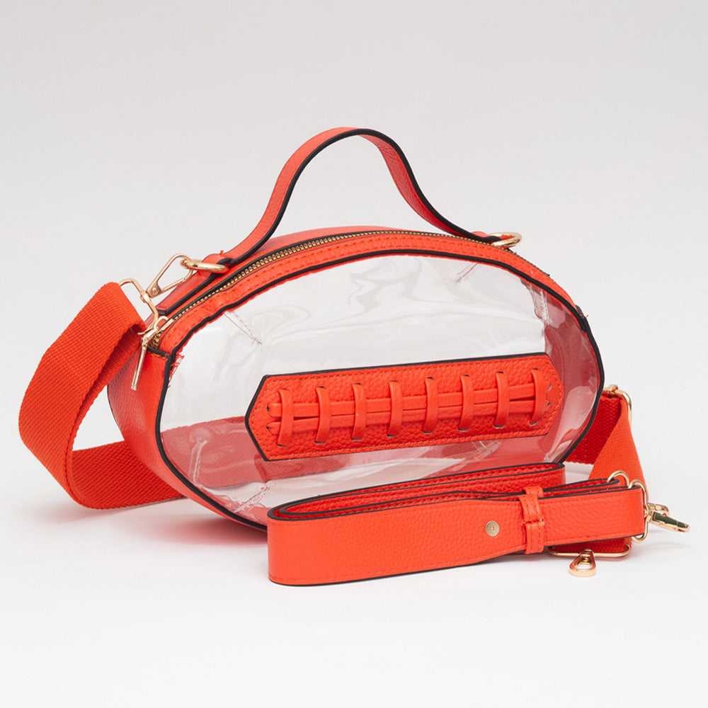 Orange & Clear Football Shaped Transparent Crossbody Bag M H W ACCESSORIES LLC Orange & Clear Football Shaped Transparent Crossbody Bag
