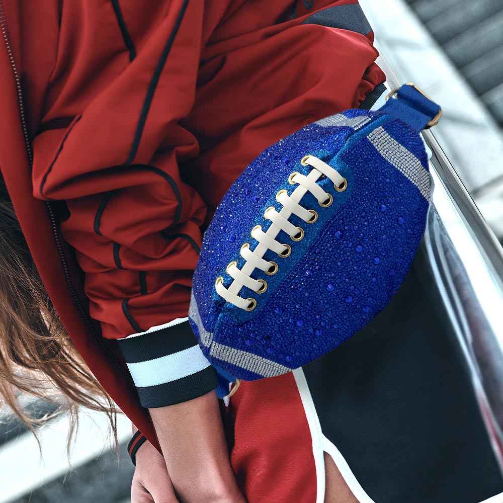 Blue Bling Studded Game Day Football Shape Fanny Pack Sling Bag