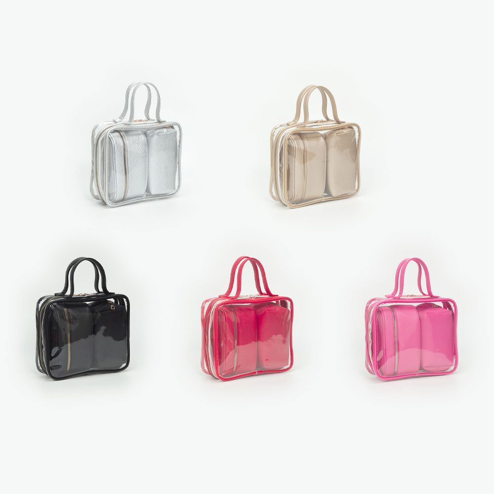 Pink & Green 4PCS - Transparent Faux Leather Travel Cosmetic Bag Set M H W ACCESSORIES LLC Pink & Green 4PCS - Transparent Faux Leather Travel Cosmetic Bag Set