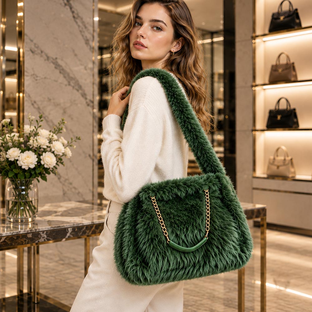 Solid Plush Royal Green Faux Fur Elegant Shoulder Tote Bag for Women M H W ACCESSORIES LLC Solid Plush Royal Green Faux Fur Elegant Shoulder Tote Bag for Women