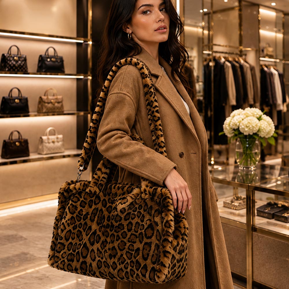 Plush Faux Fur Leopard Brown Pattern Shoulder Tote Bag M H W ACCESSORIES LLC Plush Faux Fur Leopard Brown Pattern Shoulder Tote Bag