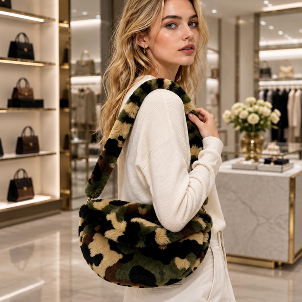 Solid Plush Faux Fur Camouflage Olive Green Crescent Shoulder Handbag M H W ACCESSORIES LLC Solid Plush Faux Fur Camouflage Olive Green Crescent Shoulder Handbag