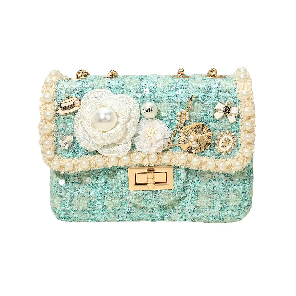 Floral Pearl Cluster Leaf Embellished Blue Tweed Handbag Crossbody Bag M H W ACCESSORIES LLC Floral Pearl Cluster Leaf Embellished Blue Tweed Handbag Crossbody Bag