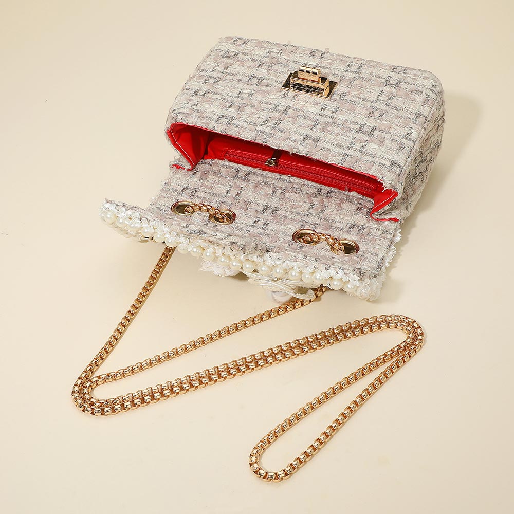Floral Pearl Cluster Leaf Embellished Pink Tweed Handbag Crossbody Bag M H W ACCESSORIES LLC Floral Pearl Cluster Leaf Embellished Pink Tweed Handbag Crossbody Bag