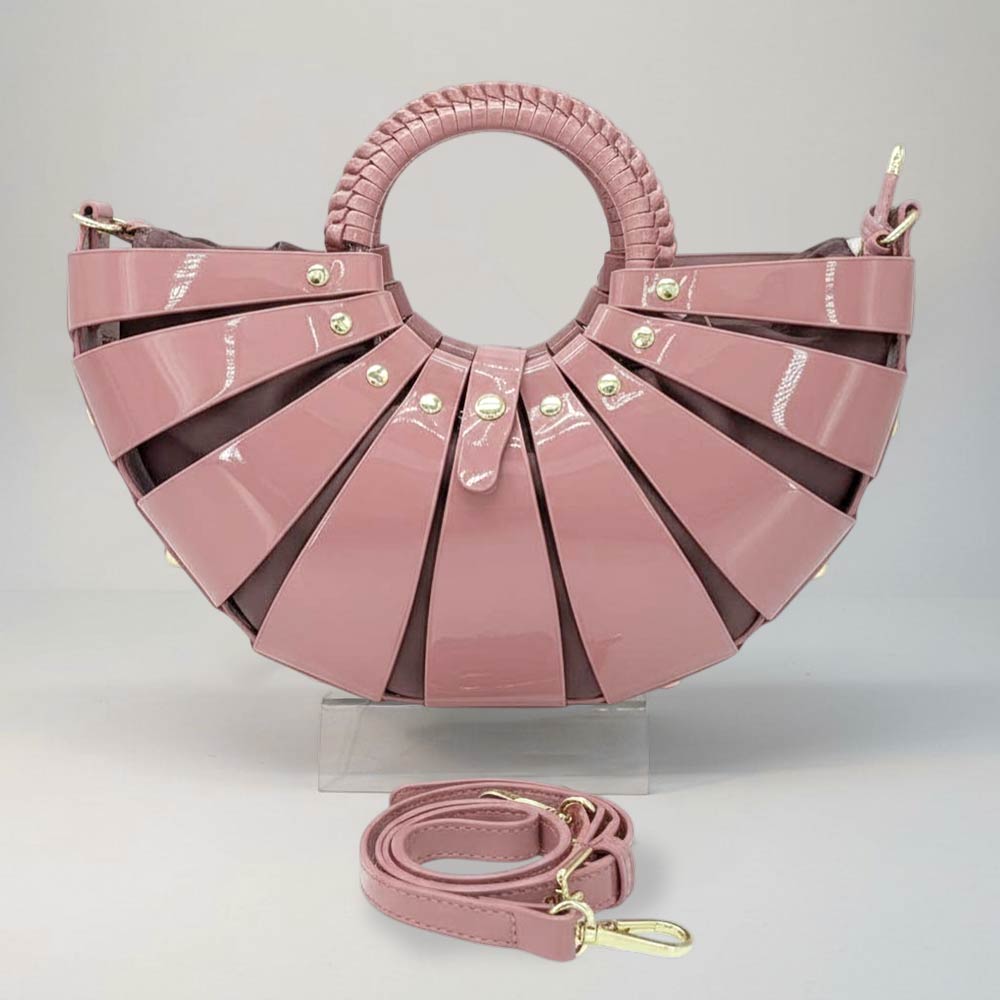 Pink Fan Shaped Faux Leather Abstract Structured Top Handle Crossbody Handbag M H W ACCESSORIES LLC Pink Fan Shaped Faux Leather Abstract Structured Top Handle Crossbody Handbag