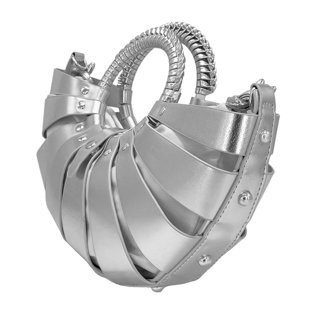 Silver Fan Shaped Faux Leather Abstract Structured Top Handle Crossbody Handbag M H W ACCESSORIES LLC Silver Fan Shaped Faux Leather Abstract Structured Top Handle Crossbody Handbag
