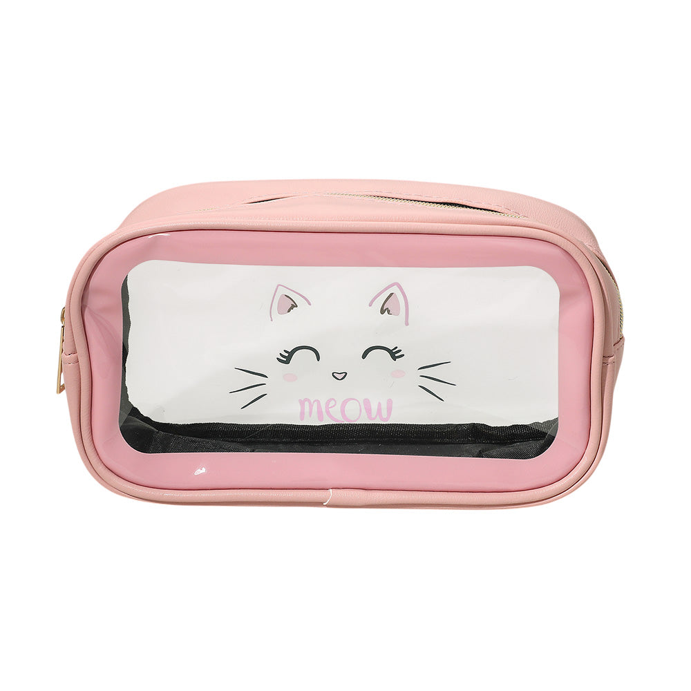 Pink Meow Cat Face Printed Transparent Travel Cosmetic Pouch Bag M H W ACCESSORIES LLC Pink Meow Cat Face Printed Transparent Travel Cosmetic Pouch Bag