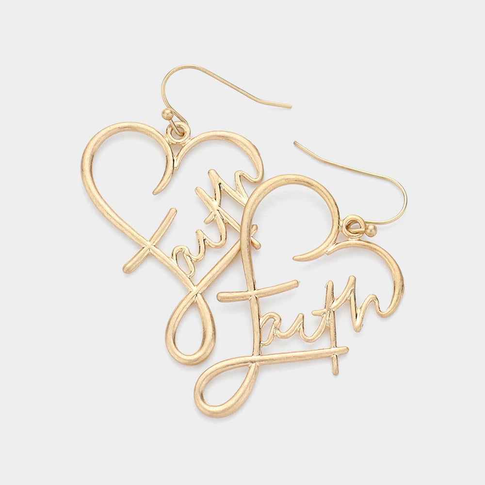 Faith Message Gold Wire Heart Dangle Earrings-M H W ACCESSORIES