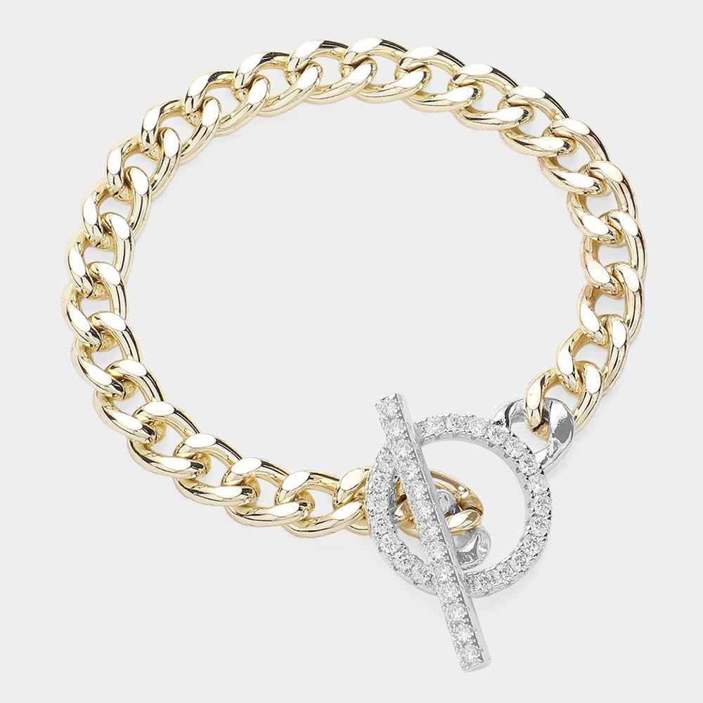 Fashion 14K Gold Plated Chain CZ Stone Paved Toggle Bracelet