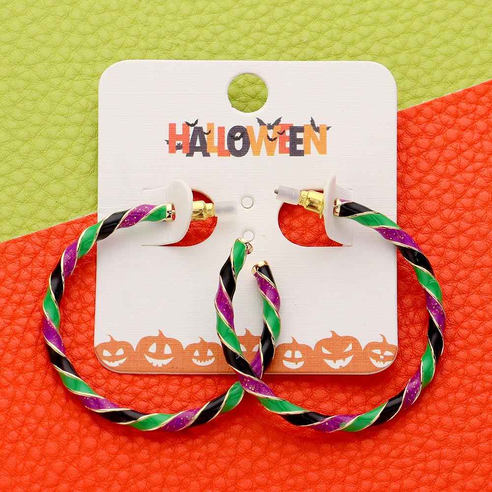Fashion Enamel Halloween Purple & Gold Twisted Hoop Earrings