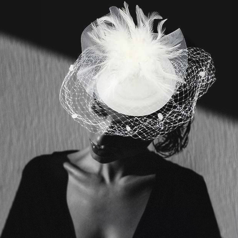 Feather White Mesh Fascinator / Headband - M H W ACCESSORIES LLC