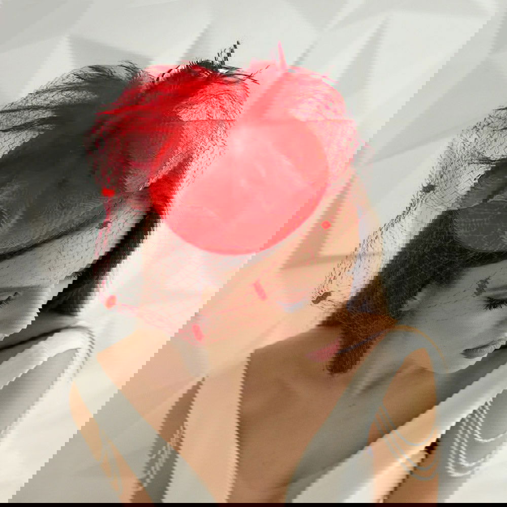 Feather  Red Mesh Fascinator / Headband - M H W ACCESSORIES LLC