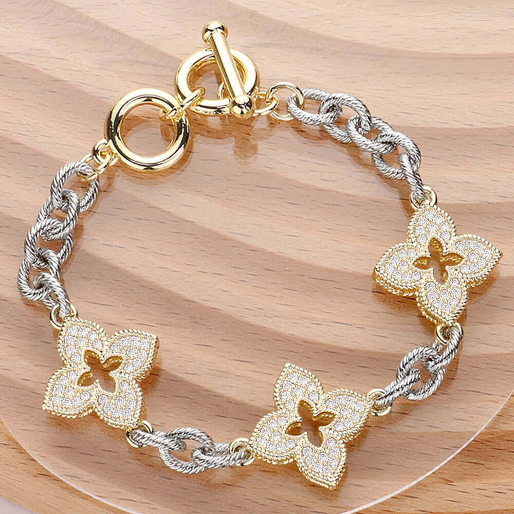 Flower & Leaf 14K Gold Plated CZ Stone Paved Iris Pendant Link Toggle Bracelet - M H W ACCESSORIES LLC