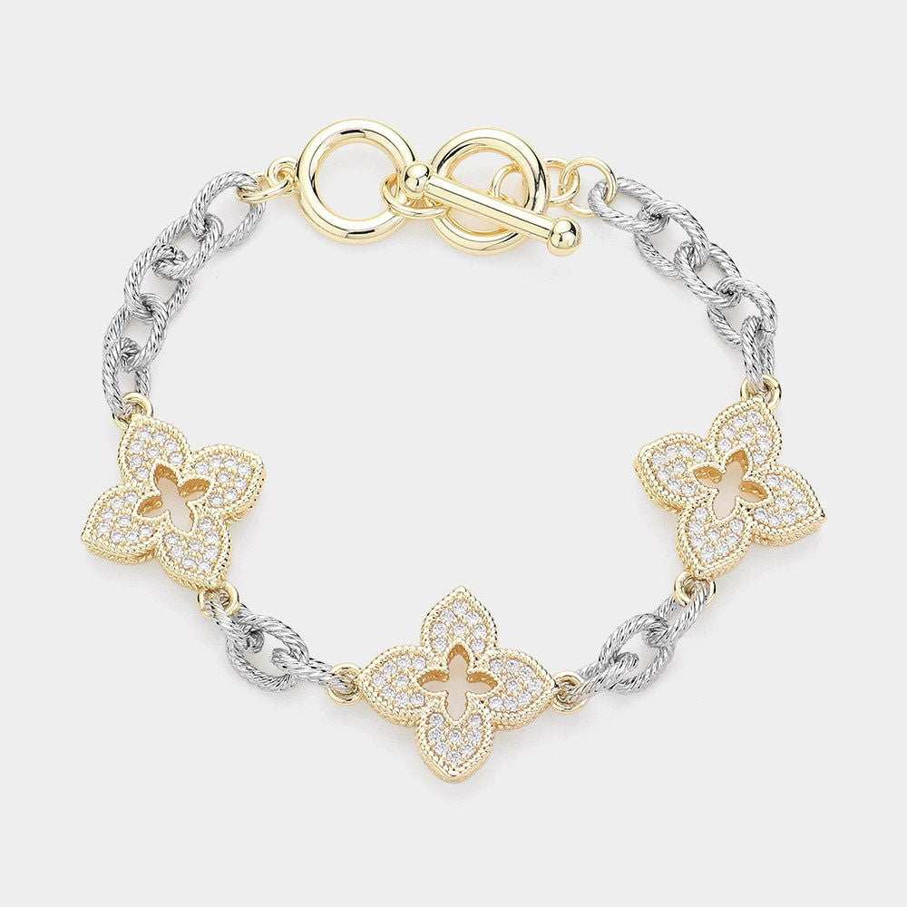 Flower & Leaf 14K Gold Plated CZ Stone Paved Iris Pendant Link Toggle Bracelet - M H W ACCESSORIES LLC