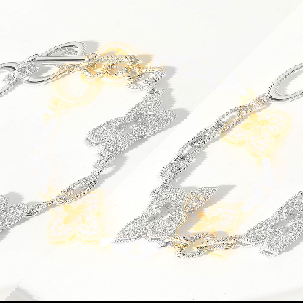 Flower & Leaf 14K Gold Plated CZ Stone Paved Iris Pendant Link Toggle Bracelet - M H W ACCESSORIES LLC