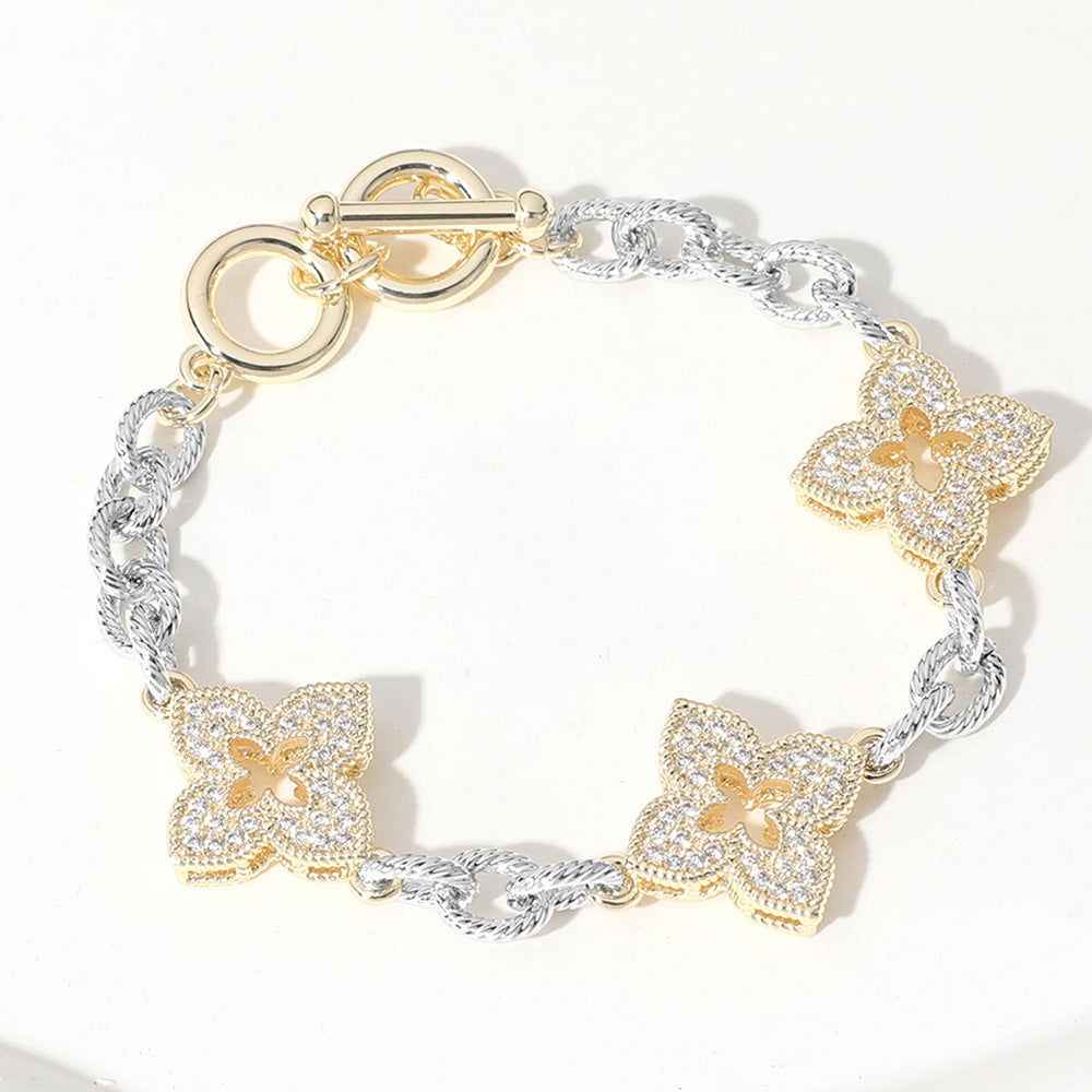 Flower & Leaf 14K Gold Plated CZ Stone Paved Iris Pendant Link Toggle Bracelet