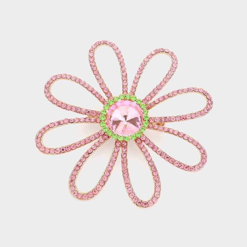 Flower & Leaf Pink and Green Rhinestone Paved Flower Pin Brooch