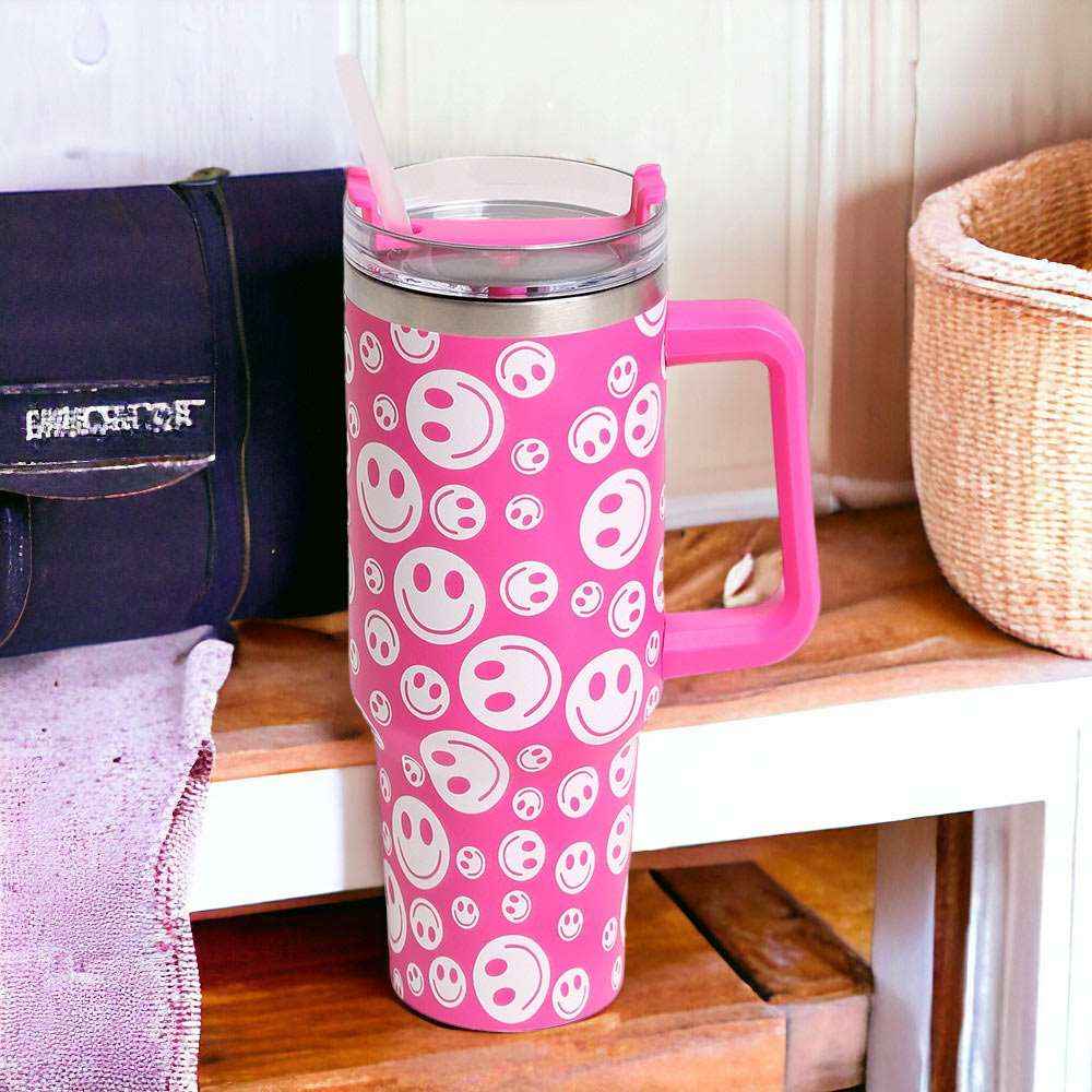 Fuchsia Happy Face Stainless Steel Tumbler