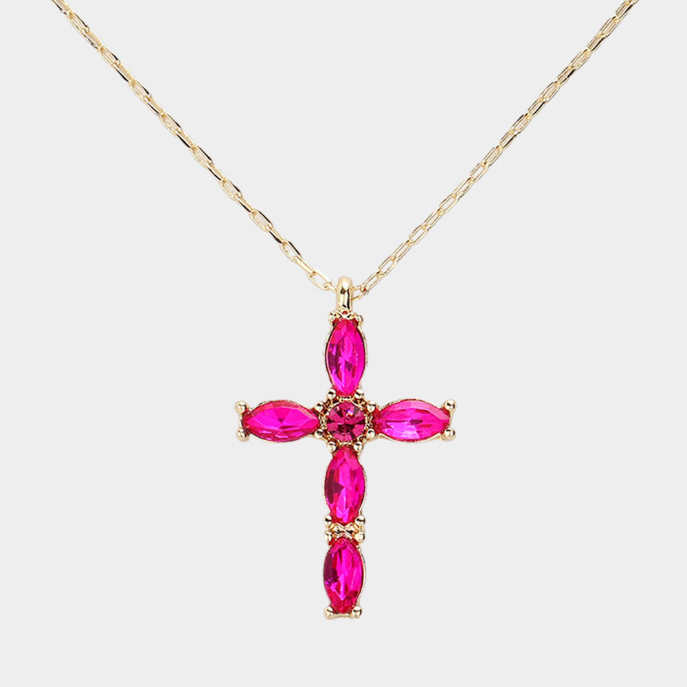 Fuchsia Marquise Stone Cluster Cross Pendant Necklace - M H W ACCESSORIES LLC