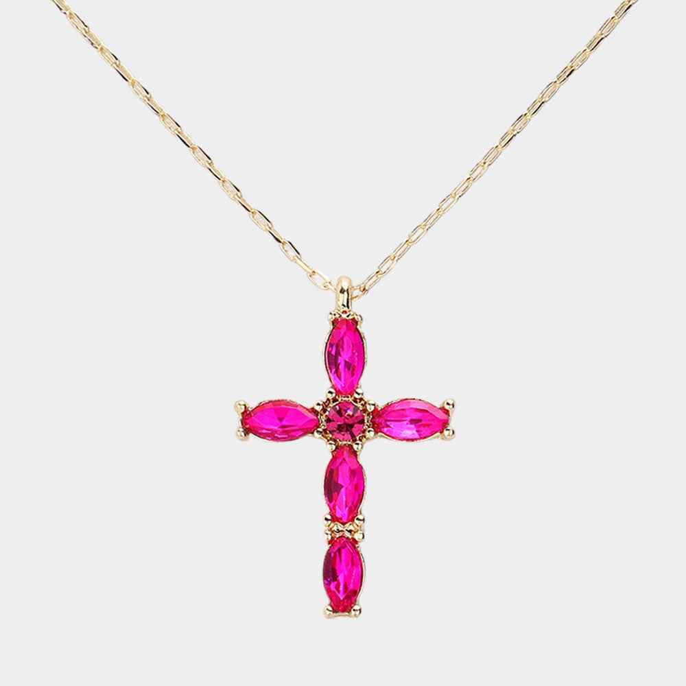 Fuchsia Marquise Stone Cluster Cross Pendant Necklace