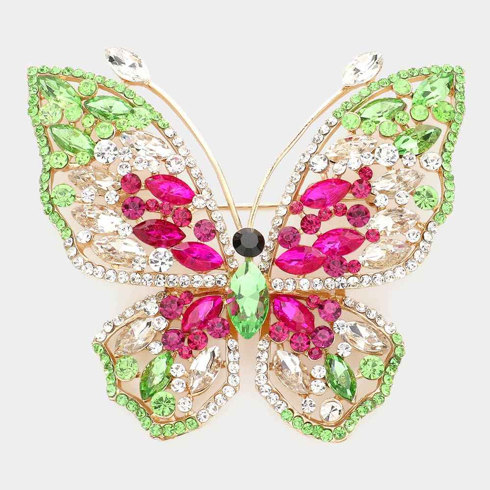 Fuchsia Multi Stone Embellished Butterfly Pin Brooch for Women