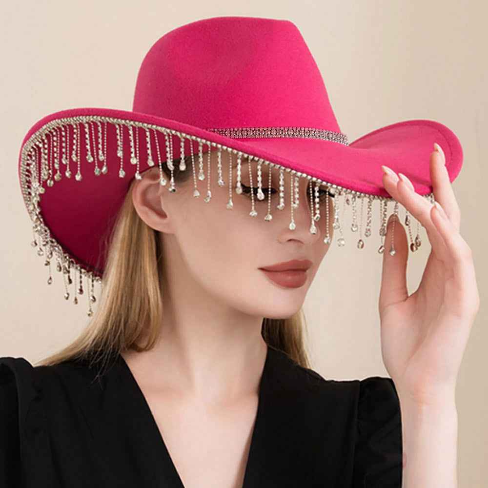 Fuchsia Rhinestone Embellished Band Pointed Rhinestone Stone Paved Fringe Around Cowboy Western Hat