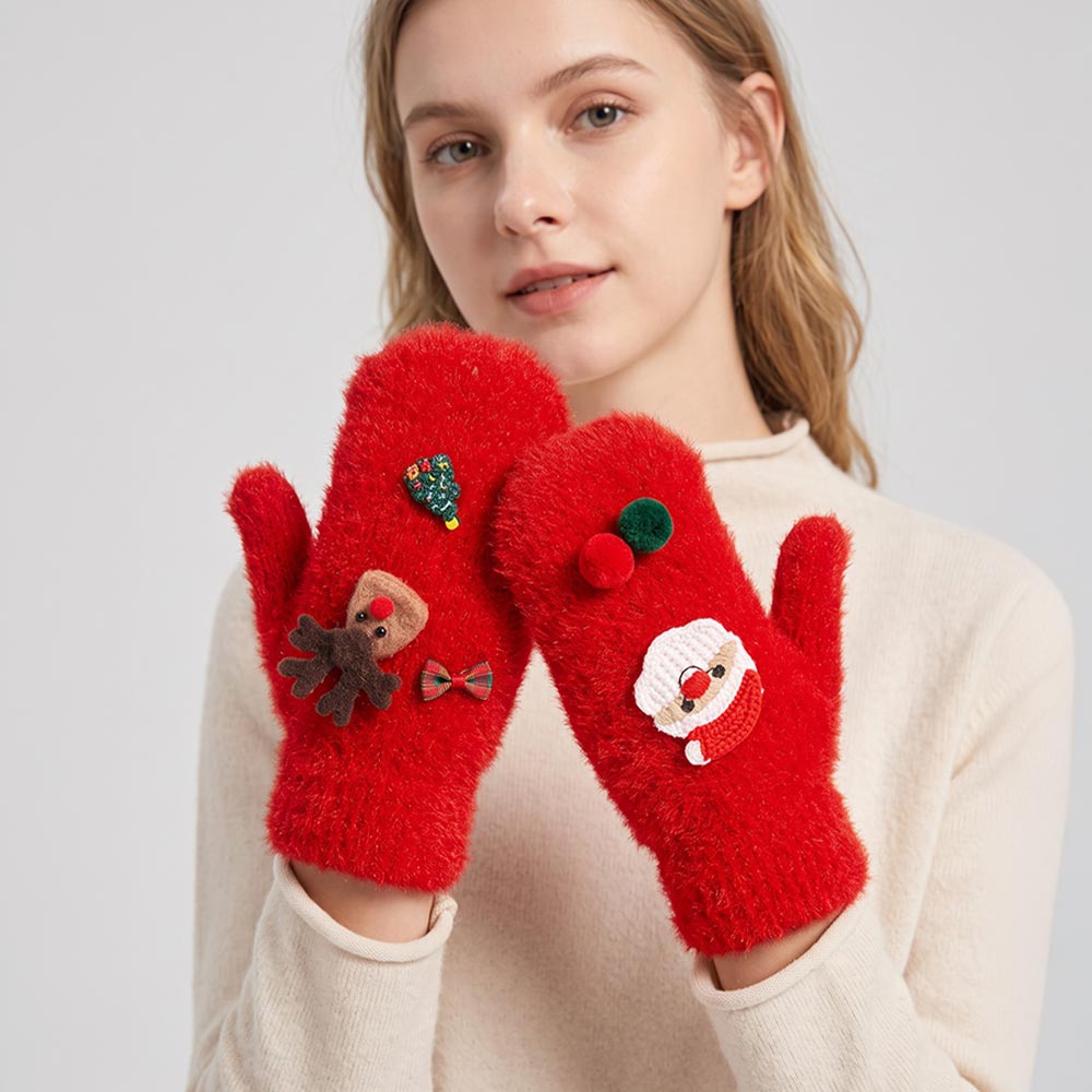 Red Festive Christmas Santa Reindeer Tree Bow Pom Pom Winter Mitten Gloves M H W ACCESSORIES LLC Red Festive Christmas Santa Reindeer Tree Bow Pom Pom Winter Mitten Gloves