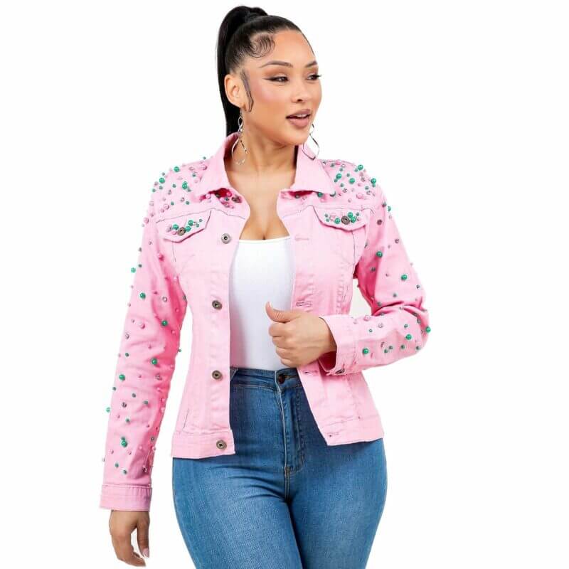 Radiant Pearls Rhinestone Pink Denim Pink & Green Jacket-Large/X-Large