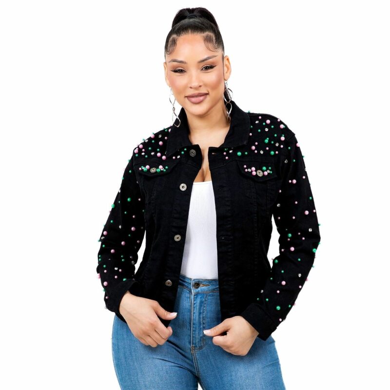Radiant Pearls Rhinestone Black Denim Pink & Green Jacket-Small/Medium