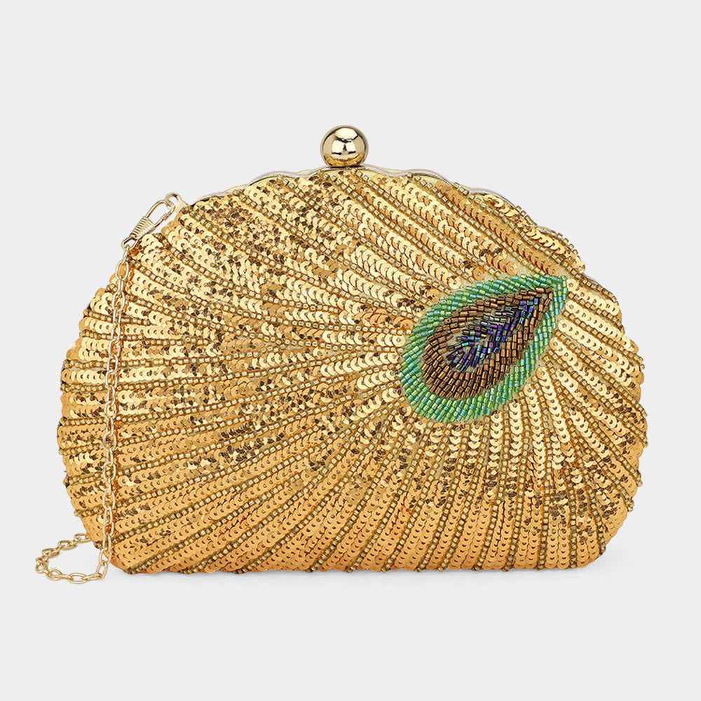 Gold Beaded Sequin Peacock Clutch Evening Bag / Crossbody Bag