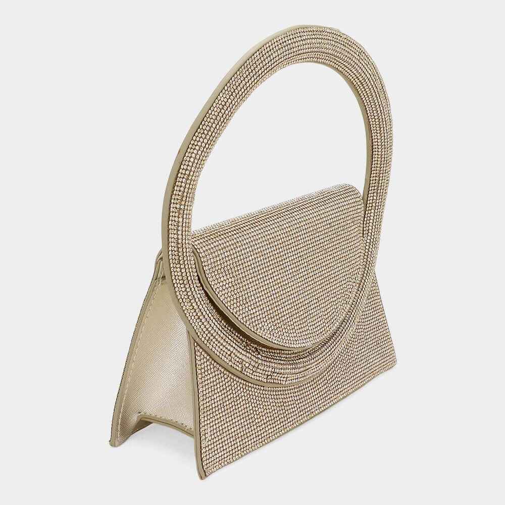 Gold Bling Studded Oversized Round Top Handle Mini Evening Bag / Crossbody Bag