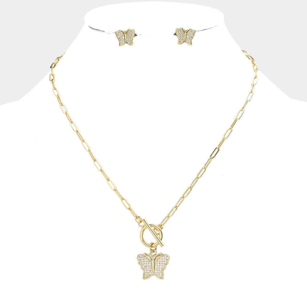 Gold CZ Butterfly Pendant Toggle Necklace Set