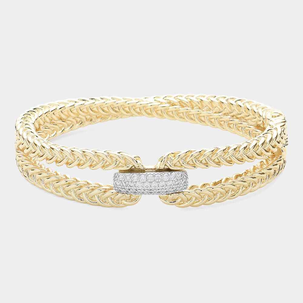 Gold CZ Paved Bar Pointed Braided Metal Hinged Bangle Bracelet