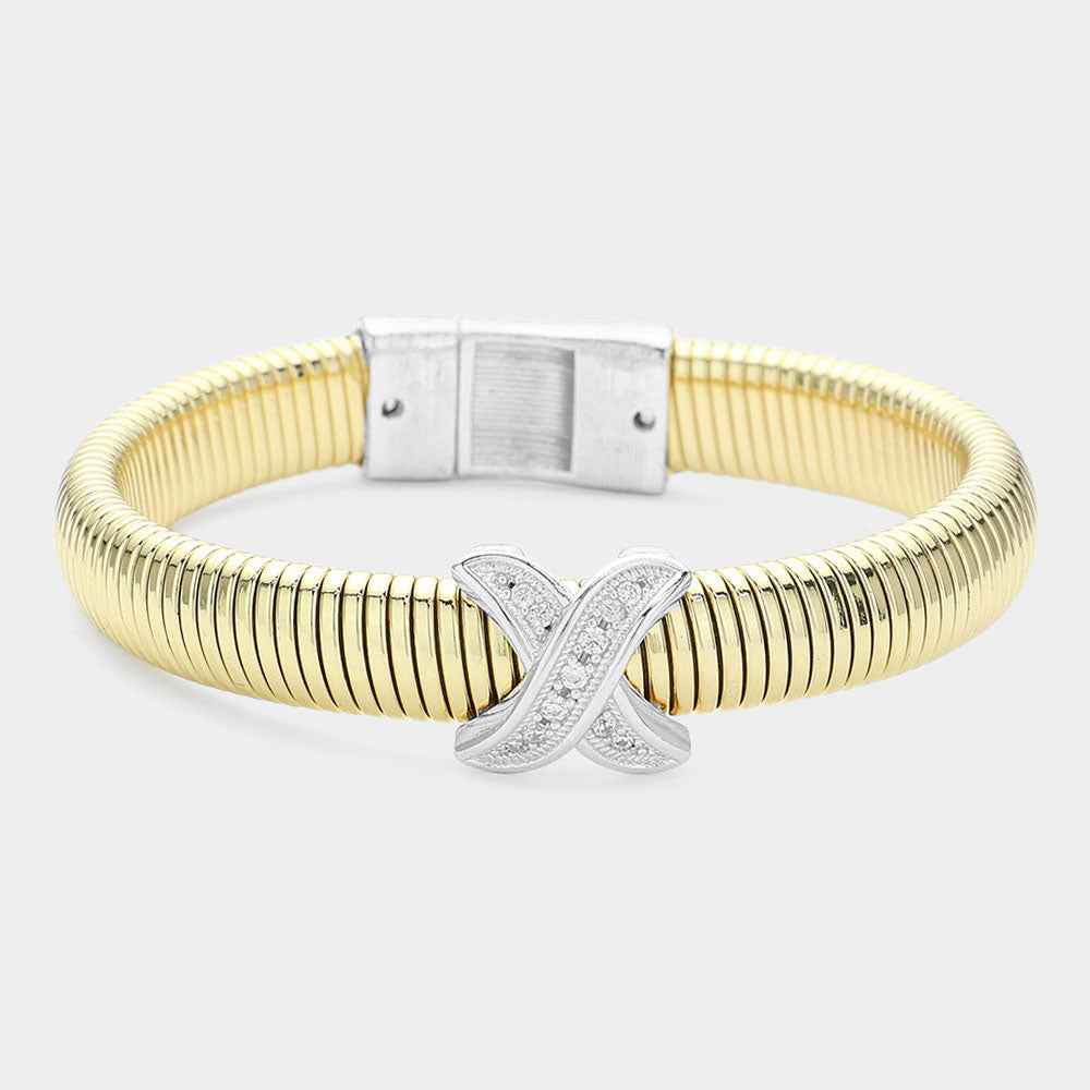 Gold CZ Paved Cross Two Tone Coil Bangle Bracelet