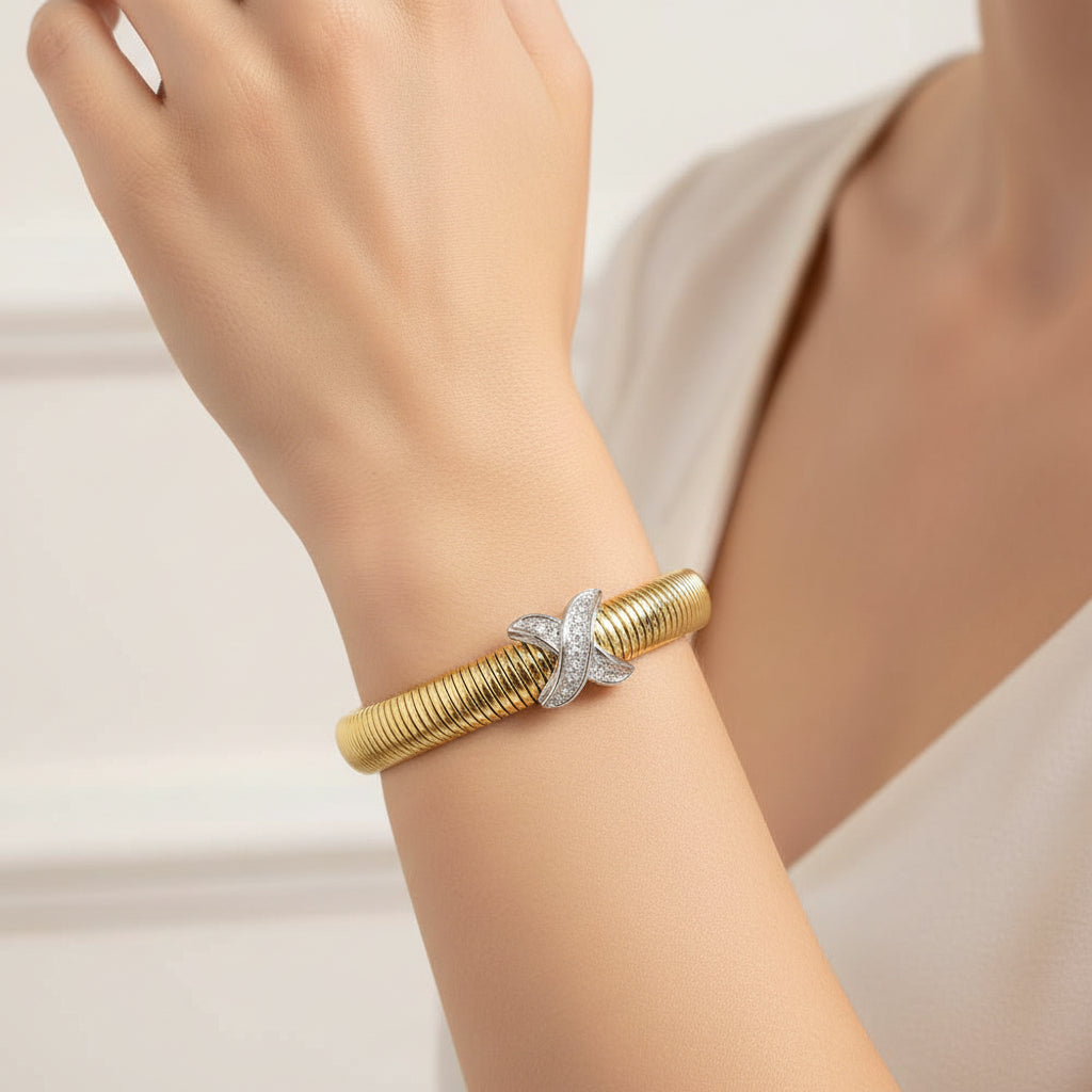 Gold CZ Paved Cross Two Tone Coil Bangle Bracelet