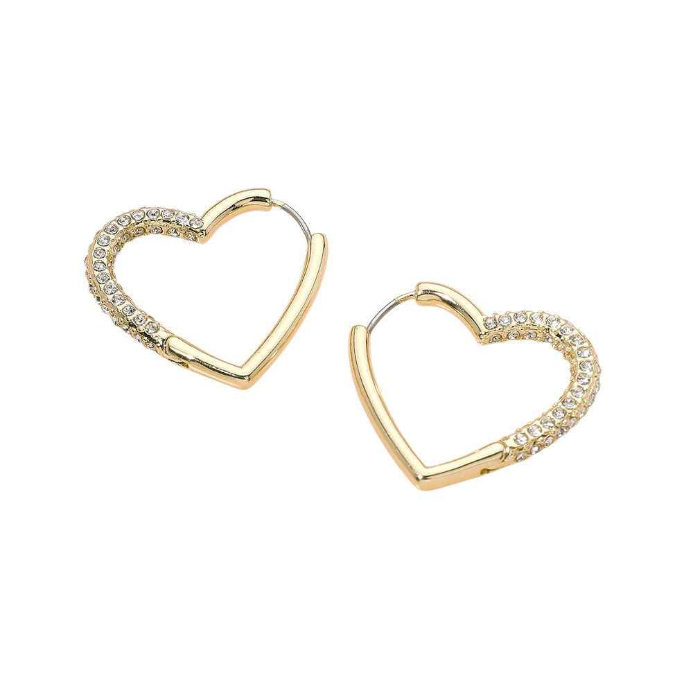Gold CZ Paved Open Heart Huggie Hoop Earrings
