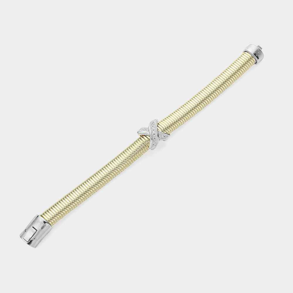Gold CZ Stone Cross Two Tone Coil Bangle Bracelet