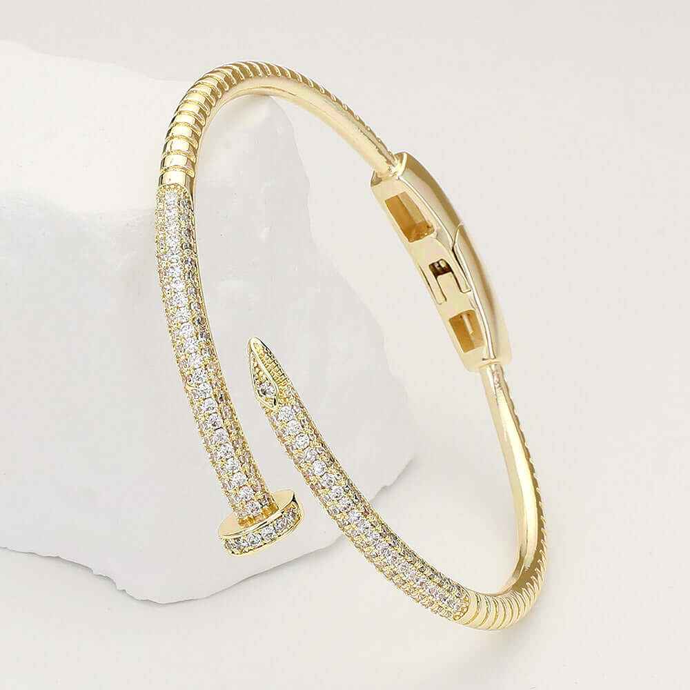 Gold CZ Stone Paved Nail Hinged Bangle Bracelet