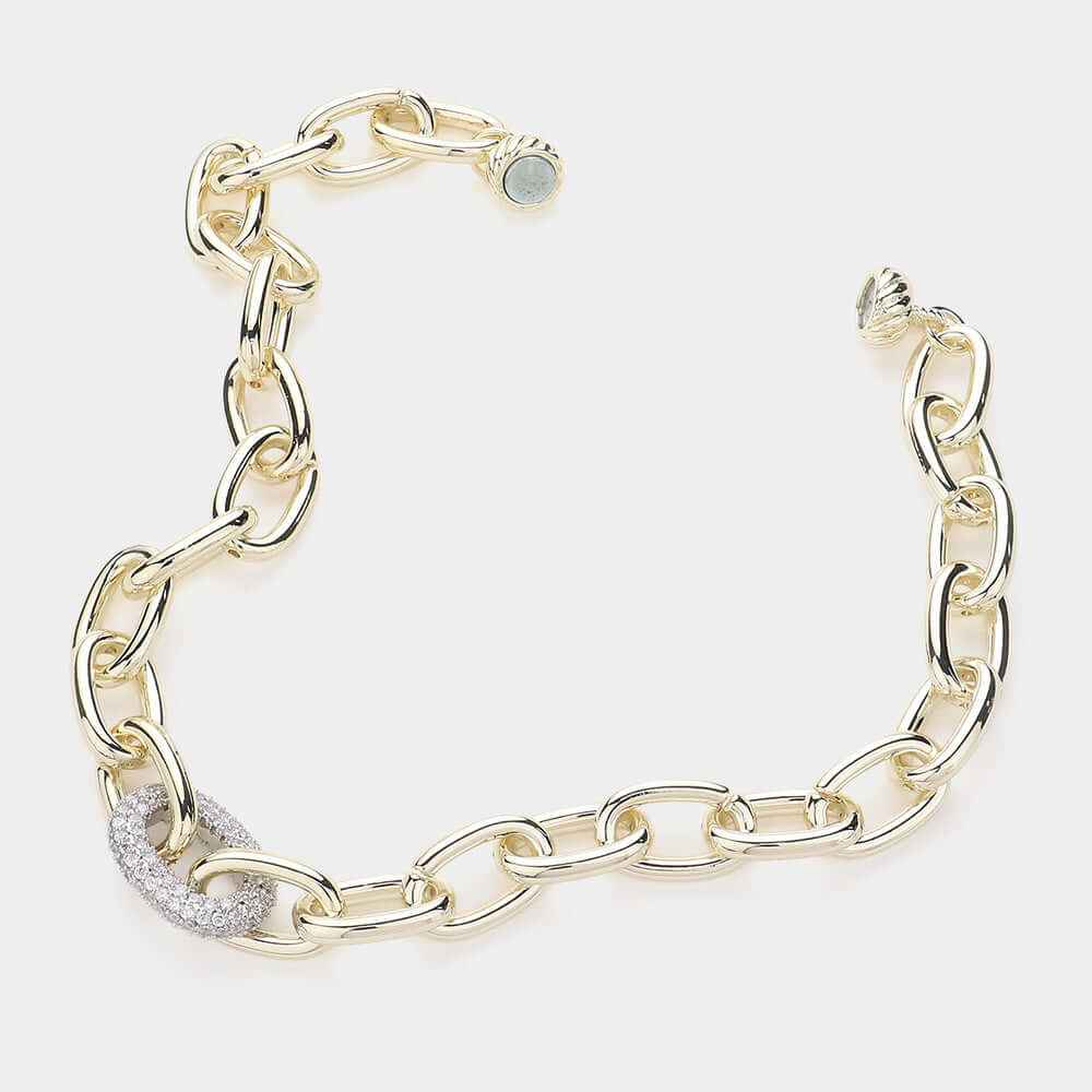 Gold CZ Stone Paved Oval Link Magnetic Necklace