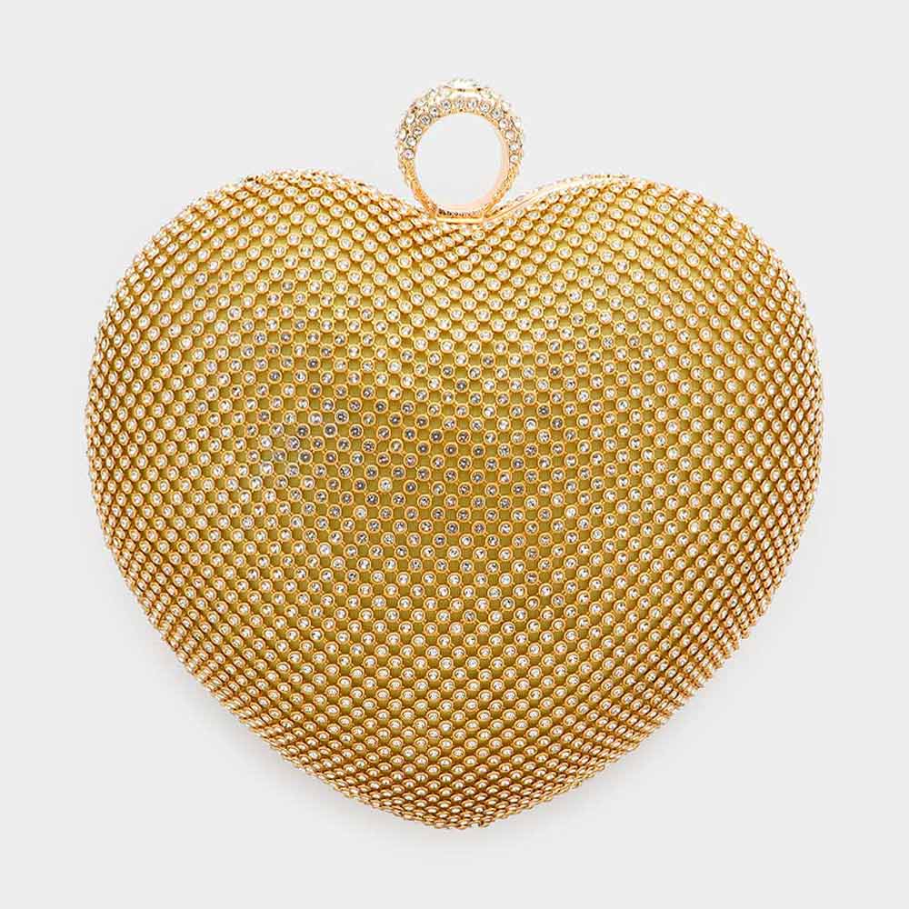 Gold Crossbody Bag Rhinestone Embellished Heart Evening Clutch / Crossbody Bag - M H W ACCESSORIES LLC