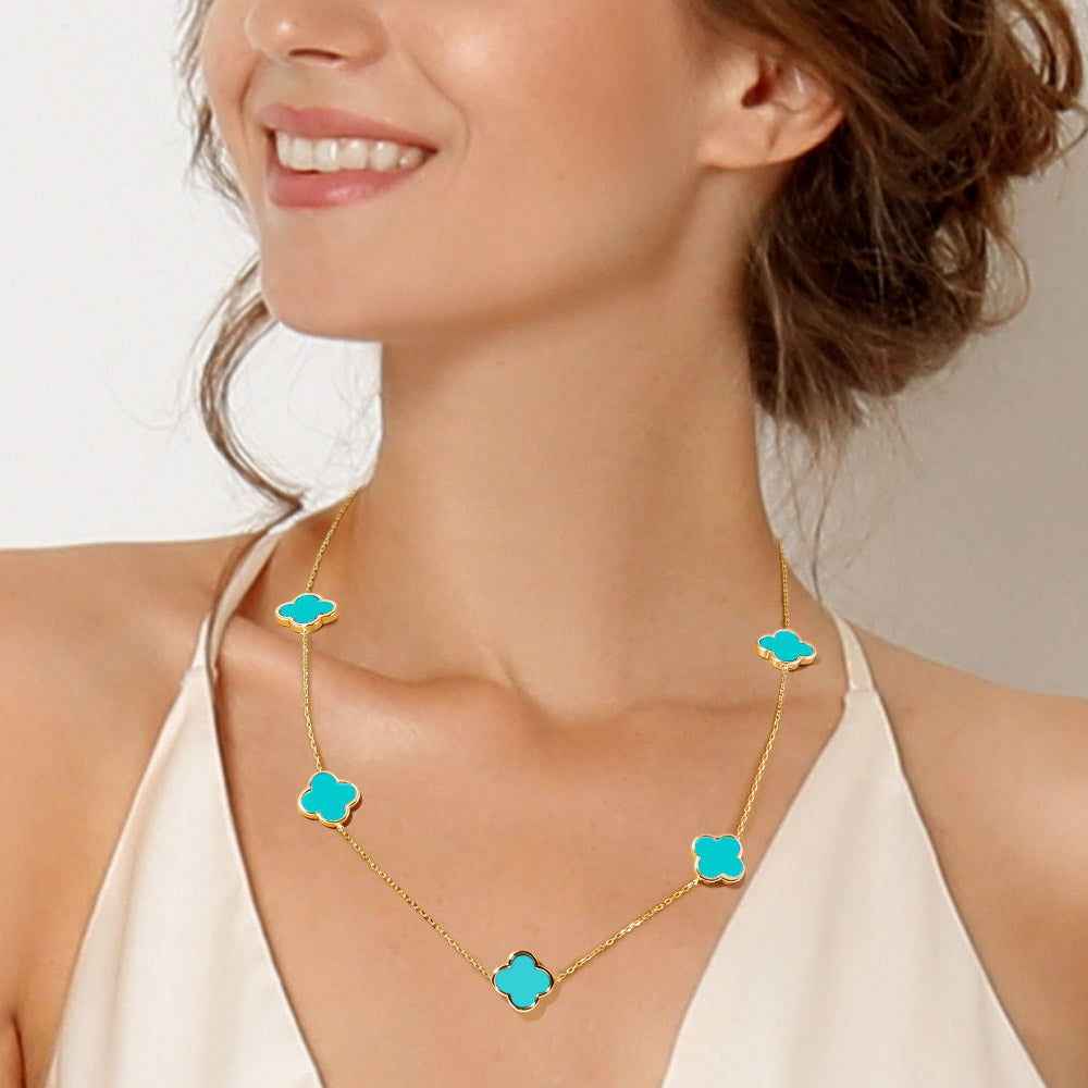 Gold Dipped Brass Metal Turquoise Quatrefoil Station Necklace