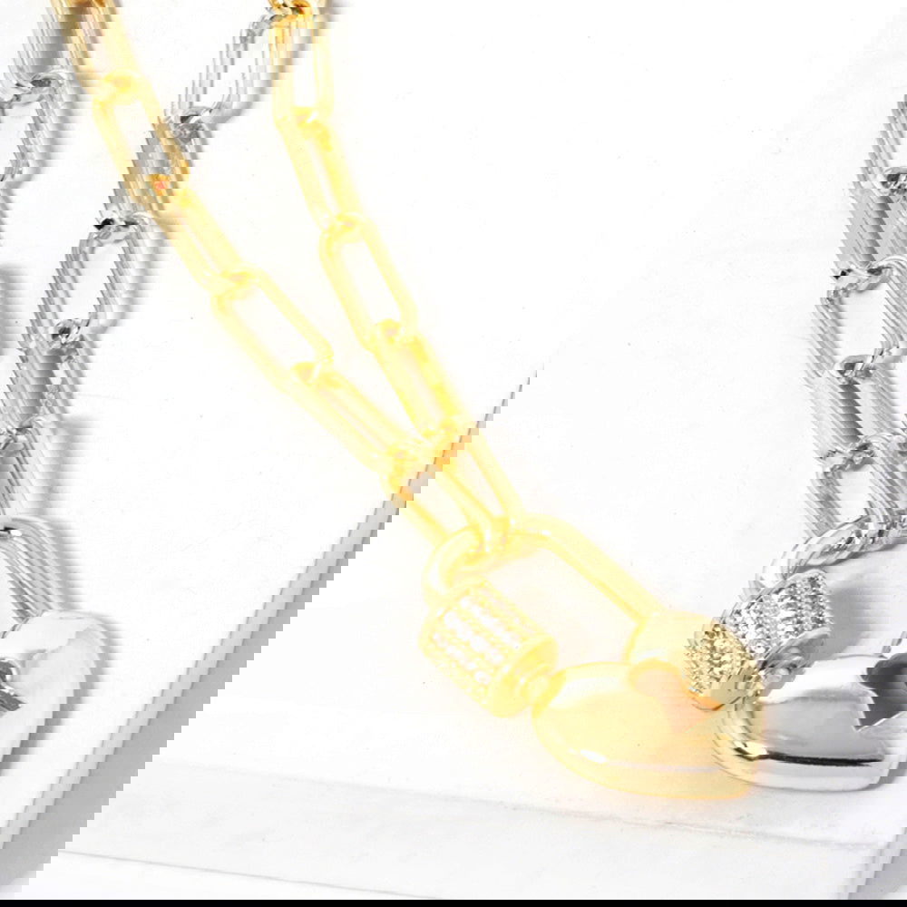 Gold Dipped CZ Heart Lock Pendant Paperclip Chain Necklace - M H W ACCESSORIES LLC