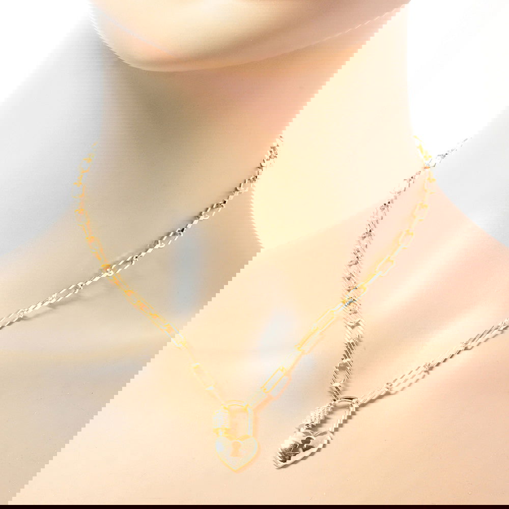 Gold Dipped CZ Heart Lock Pendant Paperclip Chain Necklace - M H W ACCESSORIES LLC