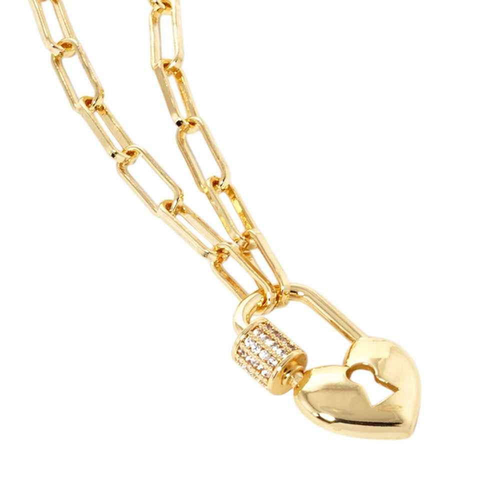 Gold Dipped CZ Heart Lock Pendant Paperclip Chain Necklace