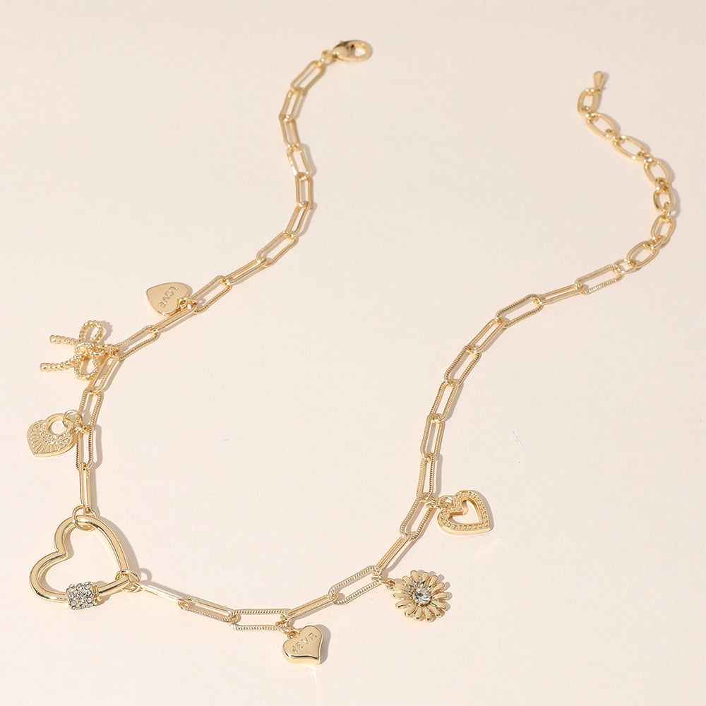 Gold Dipped CZ Heart Metal Bow Flower Heart Lock Charm Station Paperclip Chain Necklace