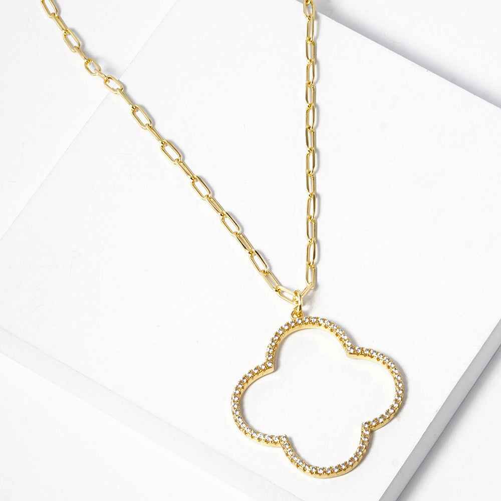 Gold Dipped CZ Stone Paved Open Quatrefoil Pendant Necklace