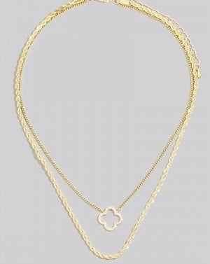 Gold Dipped Cz Clover Pendant Layered Rope Chain Necklace