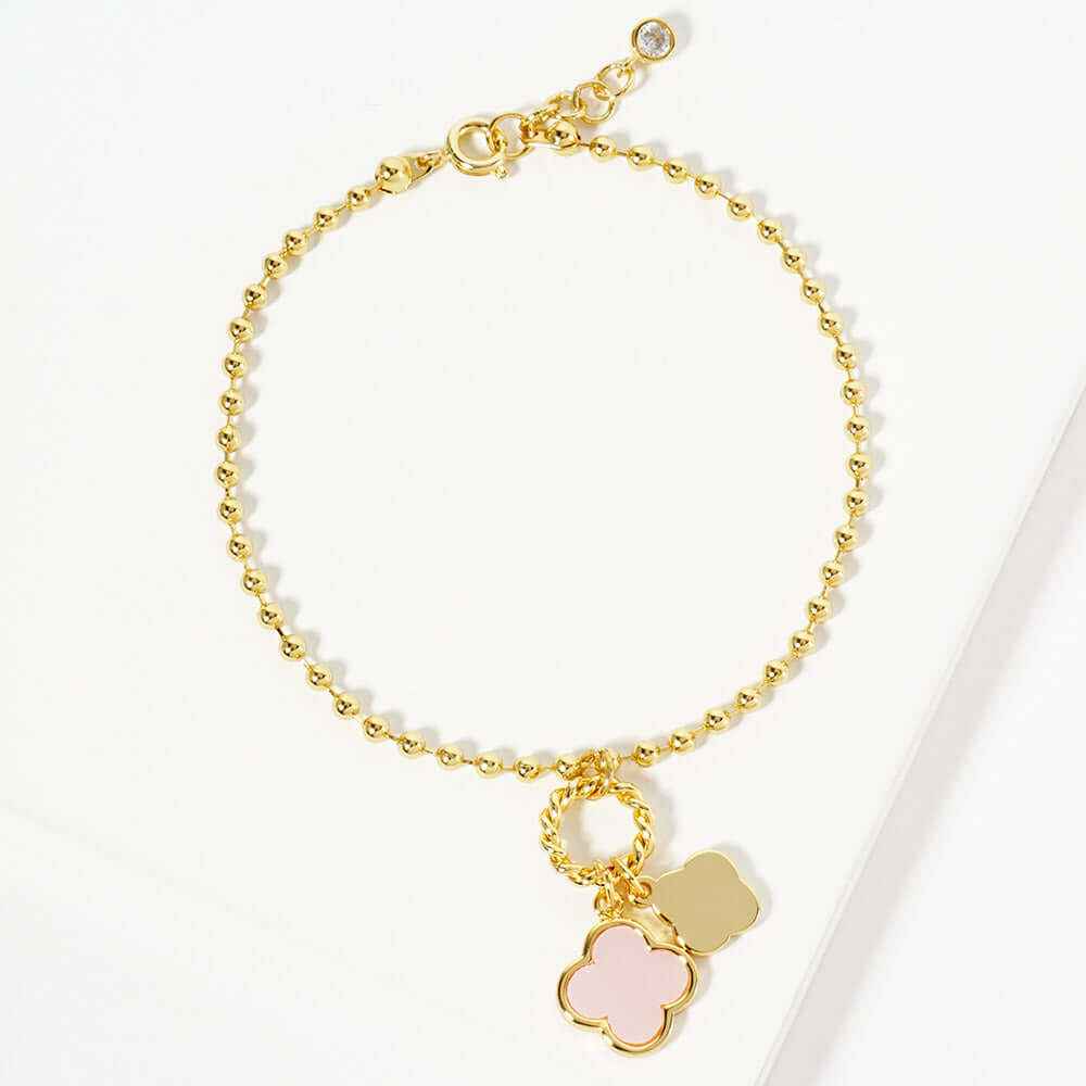 Gold Dipped Double Pink Quatrefoil Charm Bracelet