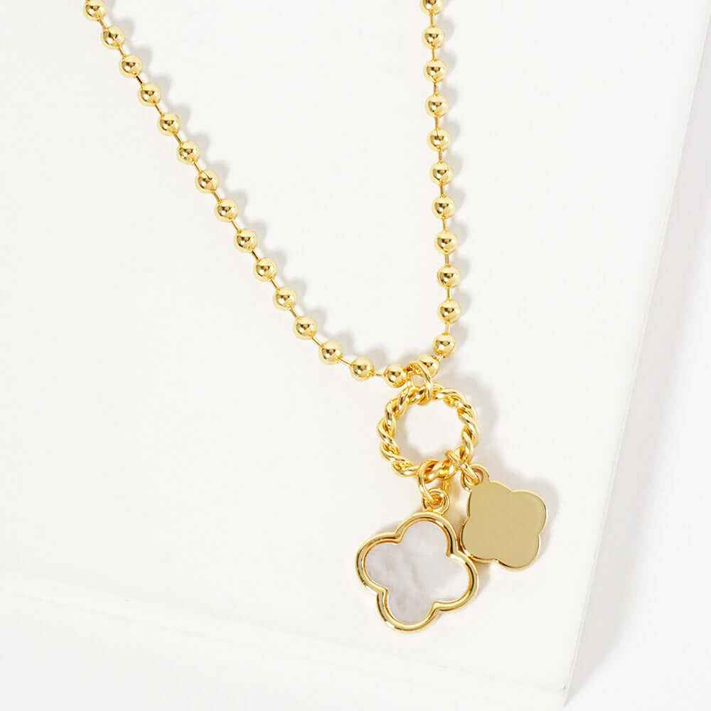 Gold Dipped Double Quatrefoil Pendant Bubble Chain Necklace