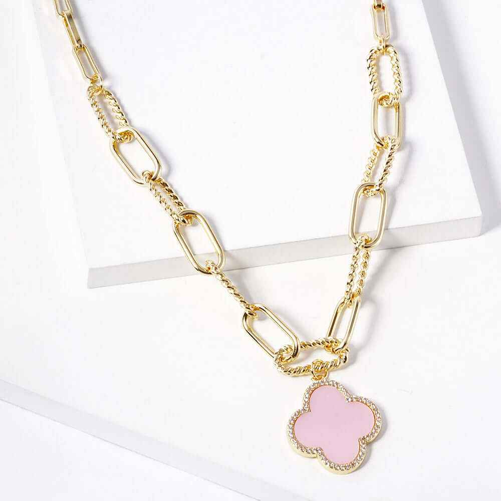 Gold Dipped Pink Quatrefoil Pendant Paperclip Chain Necklace